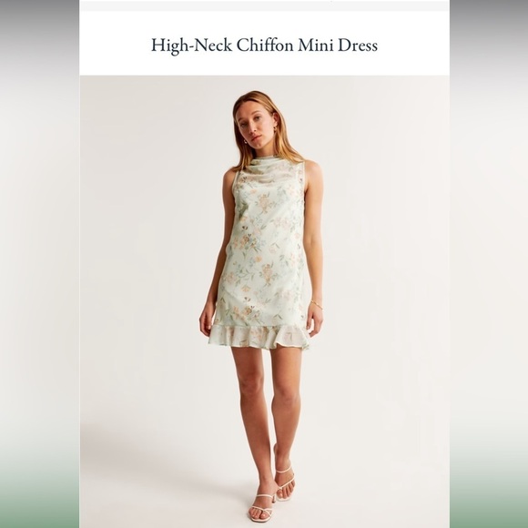 NEW Abercrombie Fitch Sz L High Neck Chiffon Mini Dress In Light Green Floral - Picture 2 of 11